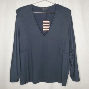 😀 Lynne Black Stretch V-Neck Top Blouse Long Sleeves NWT L